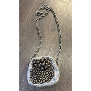 ANTIK BATIK Gray Leather Boho Fashionable Beaded Mini Bag with Chain Strap